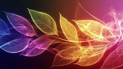Poster - Colorful Abstract Leaf Design with Ethereal Glow and Light Trails in Vibrant Shades of Pink, Yellow, and Purple