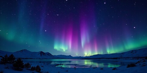dark sky full of twinkling stars and streaks of northern lights, colorful, astronomy, beauty