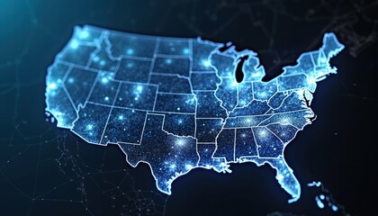 Poster - USA map depicted as glowing network on dark background with bright lines. Digital technology, connection, cyberspace, global communications in America. Futuristic modern innovation datum for