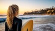 © Eva Corbella - A woman with long hair is standing on the beach holding a surfboard