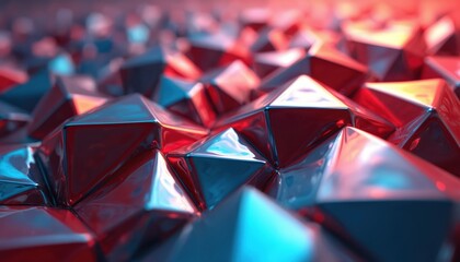 Poster - Shiny metallic triangles create abstract geometric pattern in red, blue. Modern futuristic design with glossy smooth surfaces, sharp edges. Vibrant colourful bright background. Concept of depth,