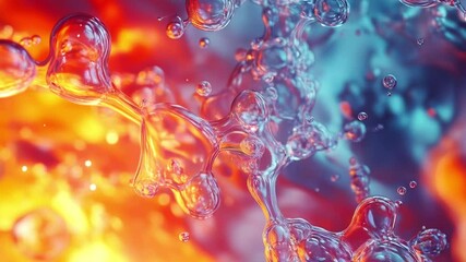 Poster - Animation of shimmering bubbles forming fluid, organic shapes in zero gravity. Deep blues and glowing orange-gold hues create a warm, glowing effect