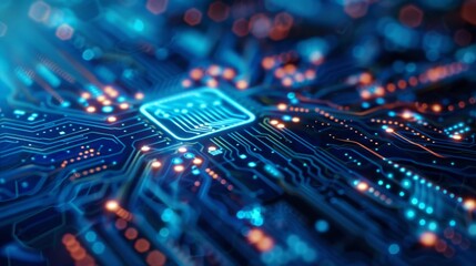 Poster - Exploring intricate circuitry on a glowing microchip with vivid