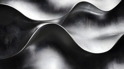 Poster - Abstract image of metallic waves, showcasing texture and form in shades of gray. Modern and elegant design. Abstract Metal Wave Forms: A Study in Gray Tones