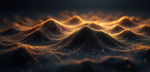 Poster - Black hills with golden sparkles on dark defocused background. Abstract landscape shot. Luxury elegant wallpaper. Decorative graphic design banner element. Night glittering mountains. Celebration
