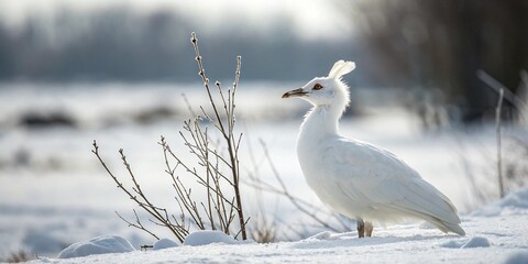 white bird with a crest, standing in a snowy field.