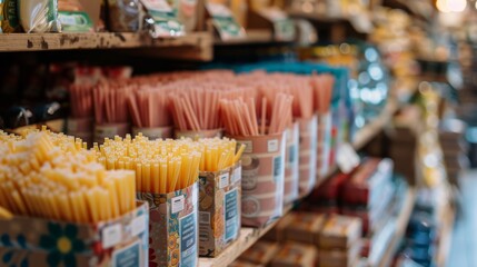 Poster - Brightly colored pasta shapes and varieties are neatly arranged in containers on wooden shelves inside a small grocery store. The ambient light enhances the inviting atmosphere.