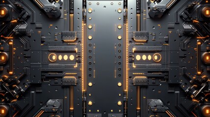 Poster - Futuristic circuit board panel, symmetrical design, technological background, possible use in tech advertisement