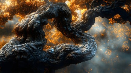 Poster - A majestic old tree, its gnarled branches reaching towards the sky. Golden sunlight filters through the mist, creating a mystical scene. Ancient Twisted Tree, Mystical Forest at Dawn