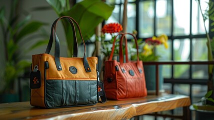 Poster - Two elegantly designed handbags are placed on a wooden table surrounded by lush green plants and bright flowers in a sunny indoor space, enhancing the atmosphere of the setting.