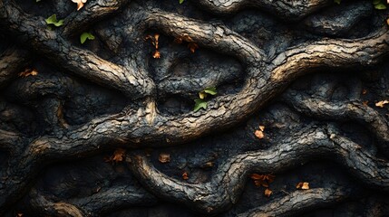 Poster - Close-up view of intricate tree roots forming a complex pattern against dark soil. Autumn leaves are scattered among the roots. Intricate Roots: A Nature's Tapestry of Wood and Earth