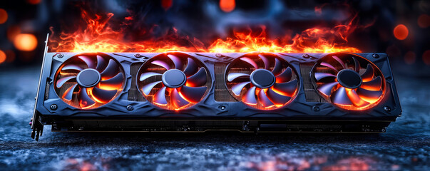 Poster - high-performance graphics card with quadruple cooling fans and fiery visual effects on metallic surf