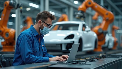 Poster - Engineer uses laptop overseeing robotic car assembly line at modern manufacturing plant. Integration tech, human expertise in automotive production. Automotive industry 4. 0. Car factory worker