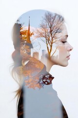 Poster - Abstract double exposure image of a woman overlaid with clock gears and shifting weather patterns, symbolizing seasonal mood fluctuations