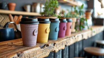 Leinwandbilder - Five colorful reusable coffee cups sit on a rustic wooden counter, illuminated by soft afternoon light in a warm and inviting cafe atmosphere filled with greenery.