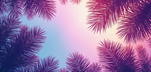 Poster - Pastel gradient background with palm leaves silhouettes. Summer tropical design with copy space, backdrop for text, banner or ads. Trendy graphic template with exotic vibe.