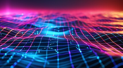 Poster - Abstract digital background with neon grid and glowing particles.