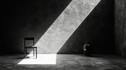 Poster - Empty room, chair, sunlight, concrete wall