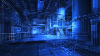 Poster - Futuristic Digital Blueprint of Industrial Space with Neon Blue Lines and Geometric Patterns