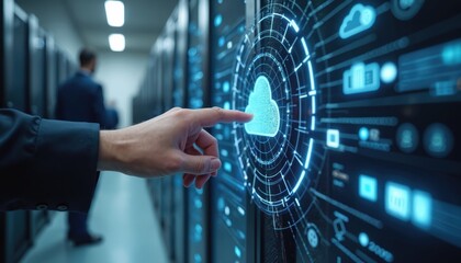 Aufkleber - Man touch server screen with digital cloud interface. Data engineers manage data servers, cloud computing tech, analyze digital interfaces for efficient IT infrastructure in server room.