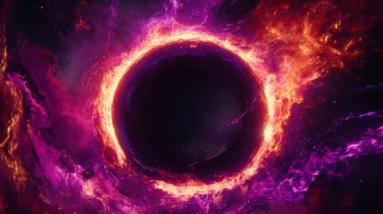Wall Mural - A black hole with purple and red flames swirling around it, creating an abstract visual effectt
