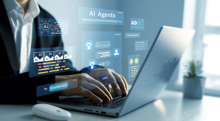 Poster - AI Agents and assistants.  Ai Content Generator. Interaction with the Ai assistant to solve some tasks more easily. Image generator, documents, marketing and advertising, bot writing and coding