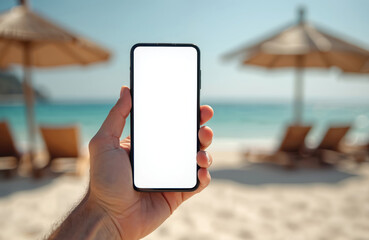 Person holds mobile phone with blank screen on beach. Phone mock-up. Relaxing summer holiday at sea resort. Hand holds smartphone for message, social media, app demo. Tropical vacation backdrop.