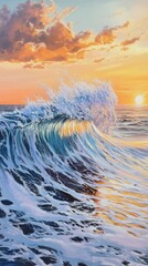 Poster - Majestic ocean wave under vibrant orange sunset with dramatic clouds and reflections. Tranquil sea scenery. Nature power and beauty concept.