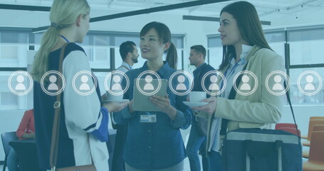 Poster - Image of people icons and data processing over diverse business people in office