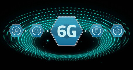 Poster - image of 6g with icons over light spots on black background