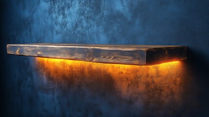 Poster - Illuminated wooden shelf with glowing warm light against textured blue wall, minimalist interior design element. Modern home decoration concept