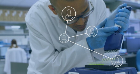 Aufkleber - Image of media icons over biracial male scientist doing experiments in lab