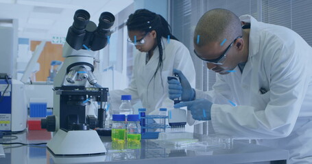 Aufkleber - Image of shapes moving over biracial scientists doing experiments in lab