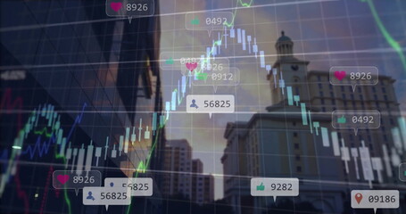 Poster - Image of data processing and diagrams over media icons and cityscape