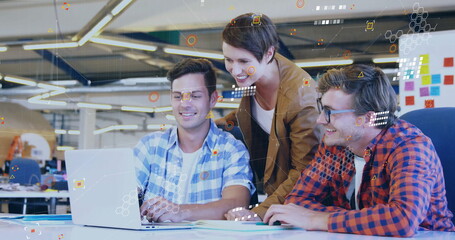 Poster - Image of data processing and shapes over diverse colleagues discussing work