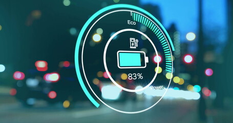 Poster - Image of electric car battery charging and digital data processing overcity lights