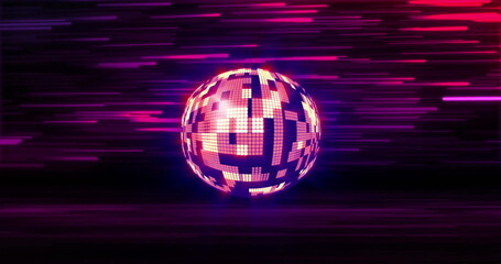 Poster - Image of mirror ball spinning and glowing light trails moving over black background