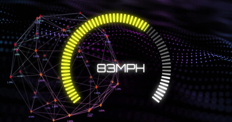 Poster - Image of speedometer moving over data processing and network of connections