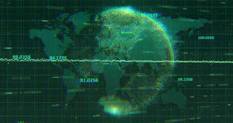Poster - image of data processing and globe over world map