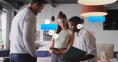 Poster - Image of media icons over diverse colleagues discussing work