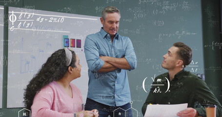 Poster - Image of mathematical equations over diverse colleagues discussing work