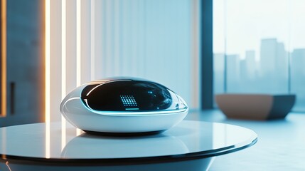 Poster - Futuristic Smart Device Modern Technology Digital Gadget White Black Blue Illuminated Interface Clean Design Minimalist Home Office Interior Space    