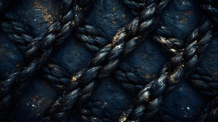Poster - Close-up of dark navy ropes forming an intricate pattern. Deep blue and gold accents. Dark Navy Ropes Abstract Texture, Intricate Knotted Pattern Background, Deep Blue and Gold Accents