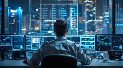 Poster - Professionals analyze data in a modern office overlooking a vibr