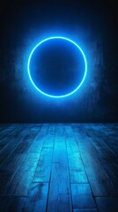 Aufkleber - Neon blue circle glowing on dark wall and reflective wooden floor, futuristic and modern design concept