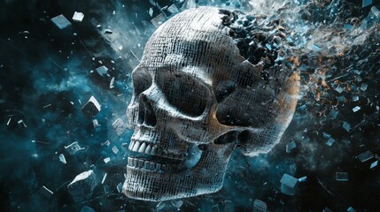Poster - Digital skull with fragmented binary code, surrounded by floating debris in dark ethereal space. Abstract digital art and technology concept
