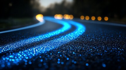 Wall Mural - Glowing road lines at night, curving path, blurred background lights, driving, transportation, website banner
