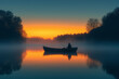 © Anna - A fisherman in a small boat silhouetted against a tranquil lake at dawn, with mist rising gently from the water and the first light of day softly illuminating the calm surface. Generative AI