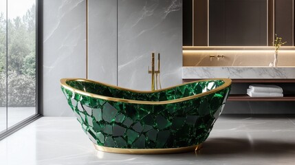 Poster - A luxurious, emerald green bathtub made of faceted crystals with gold trim stands prominently in a modern, minimalist bathroom with gray marble walls and flooring, a large window, and a sleek vanity