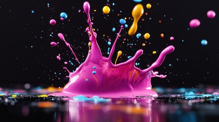 Poster - A splash of multicolored paint frozen mid-air on a black background. --ar 16:9 --personalize je87kwn --v 6.1 Job ID: 006c945a-91c4-4161-9beb-a56aca9bacf5